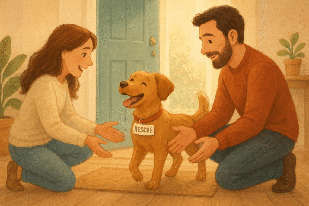 How to Prepare for Dog Adoption: A Complete Guide for First-Time Families a happy rescue dog entering its new home with a welcoming family smiling and greeting the dog