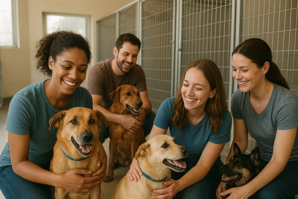 community dog shelter staff caring for dogs