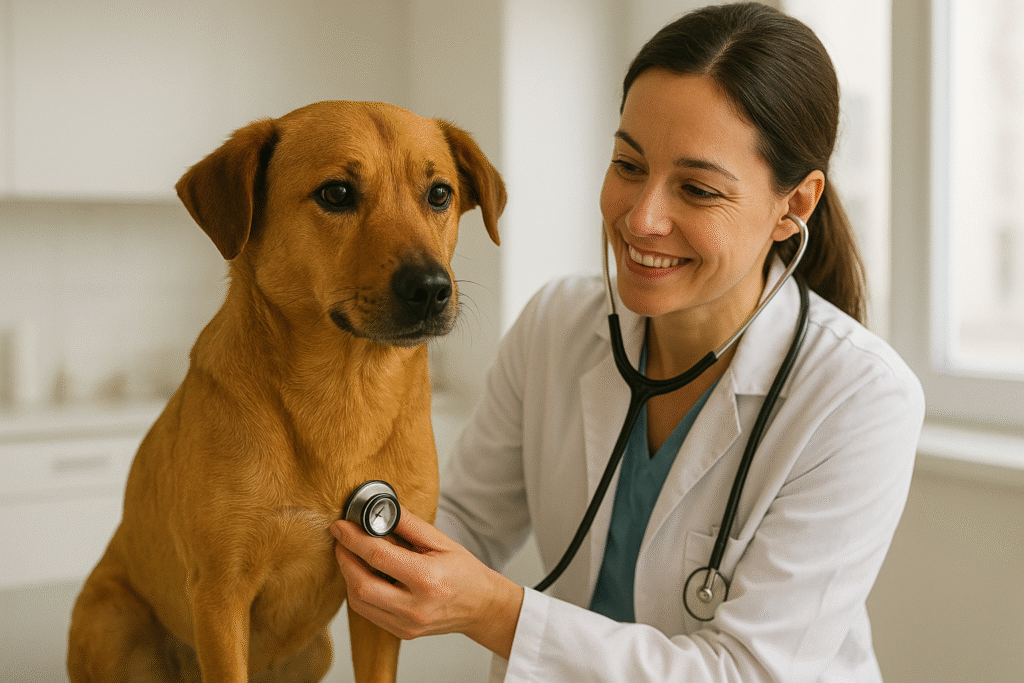 dog exam veterinarian checkup Veterinarian examining a dog for early signs of poor health