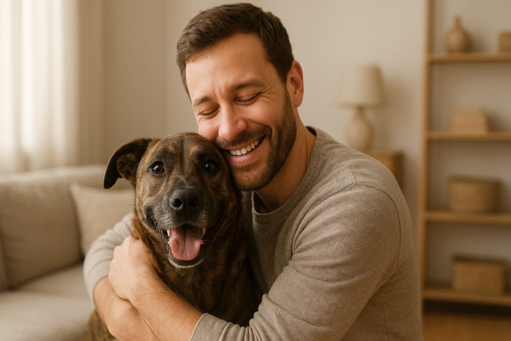 happy adopted dog with new owner at home