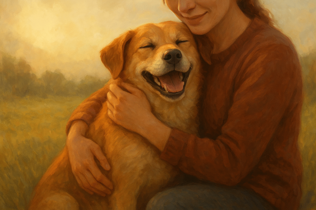 happy rescued dog cuddled by owner in peaceful outdoor scene