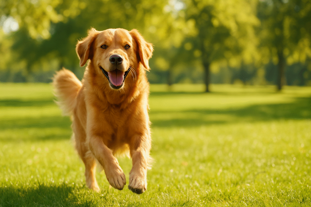 A healthy and happy dog running outdoors, symbolizing good wellness and energy.