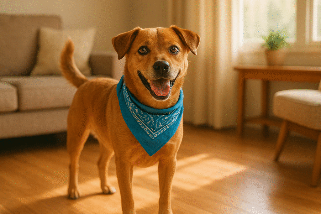 Milo smiling and wearing a blue bandana after being adopted into his new family