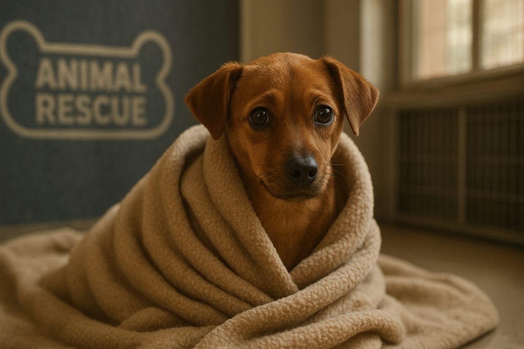 Rescue dog Milo wrapped in a blanket during his first day at the clinic