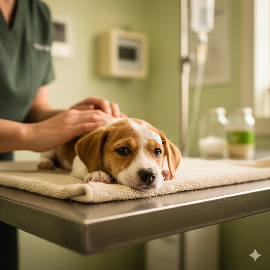 Recovered rescue puppy showing happiness and affection while being cared for by new caregivers