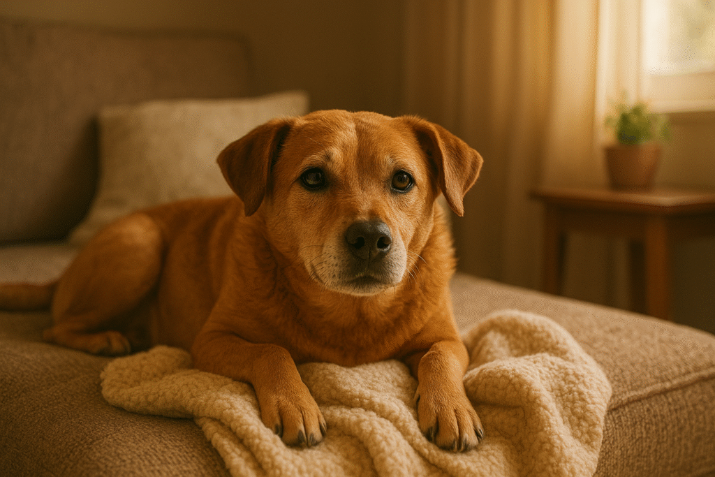 Rescue dog resting safely in its new home during the adjustment period.