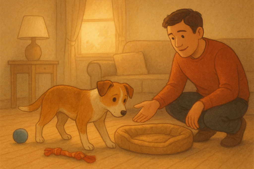 rescue dog adjustment first 3 weeks A rescue dog adjusting during the first three weeks after adoption, exploring its new home