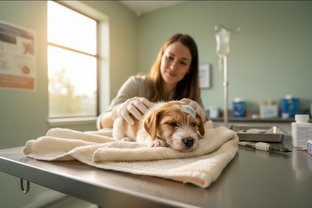 Rescued puppy with severe head injury receiving urgent medical treatment from veterinarians