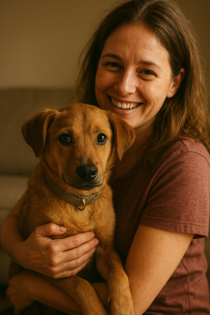 A rescued dog being held lovingly by a caretaker, capturing an emotional moment of safety and trust.