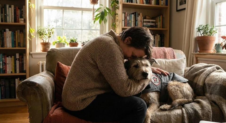 Anxiety vest helping a rescue dog feel calm during a storm