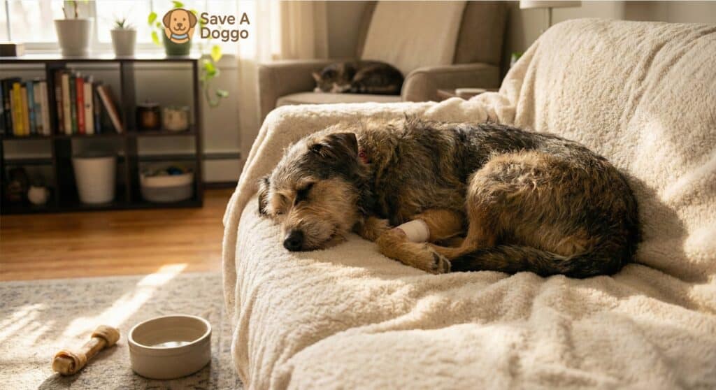 Rescue dog recovering at home after medical checkup