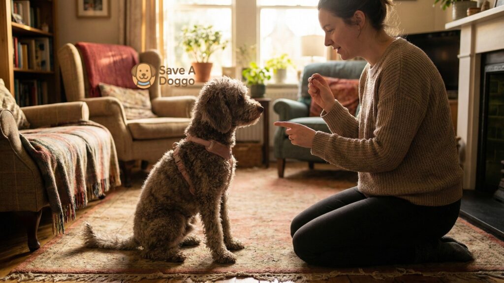 basic training for dogs at home using positive reinforcement in a calm living room