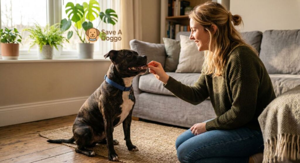 Dog owner using positive reinforcement by giving a treat during home training session