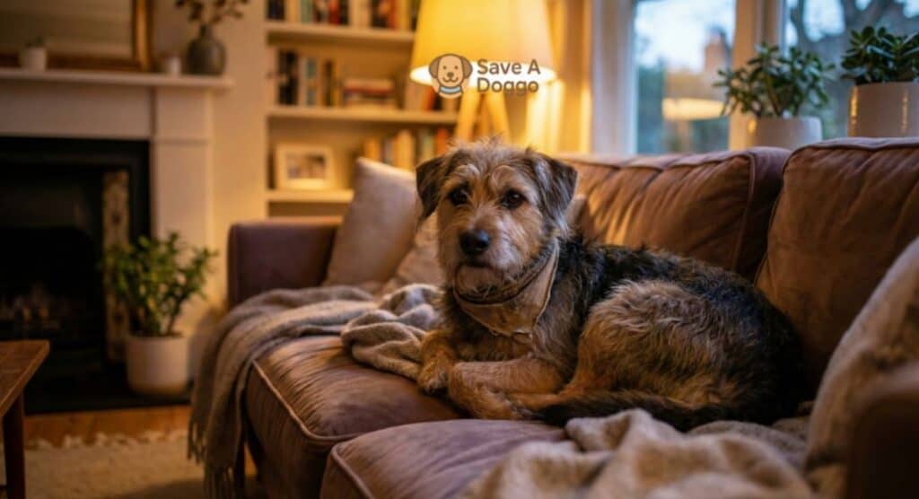 From Shelter to Sofa: A Rescue Dog’s First 30 Days at Home (Real Adjustment Timeline) Rescue dog relaxing on sofa after first month in new home