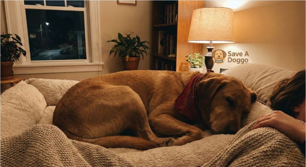 Rescue dog settling in at night beside their adopter during the first week at home