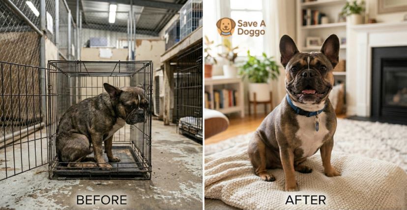 Side-by-side before and after dog rescue transformation showing a neglected dog becoming healthy and confident in a loving home