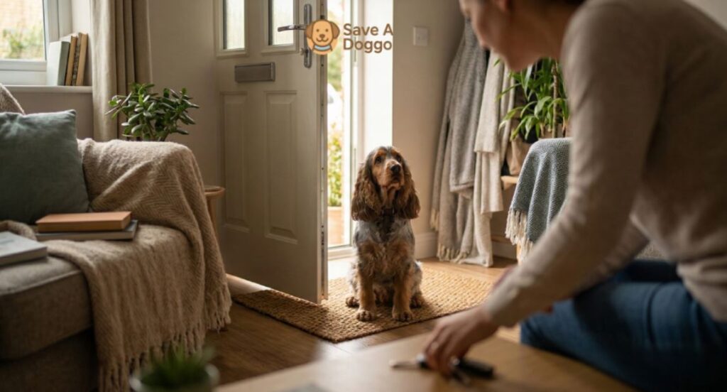 Rescue dog sitting near the door looking anxious as owner prepares to leave