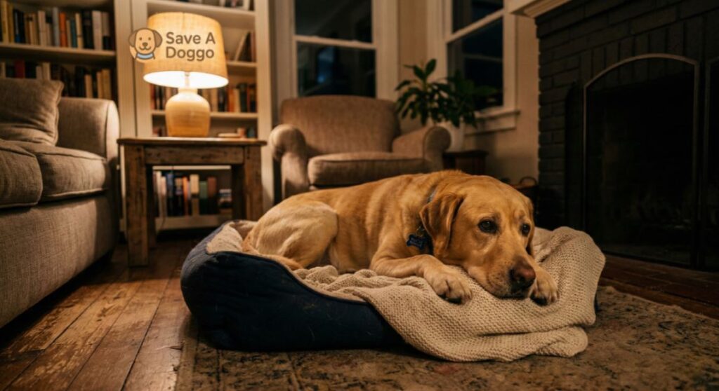 Rescue dog lying awake at night in new home showing mild anxiety