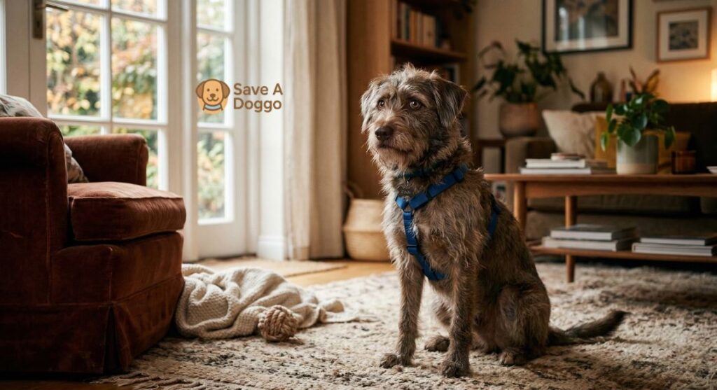 Newly adopted rescue dog sitting quietly in a living room while adjusting to a new home environment