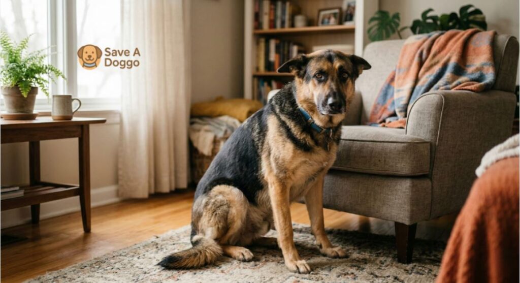 Rescue dog adjusting to a new home showing mild anxiety but hopeful expression