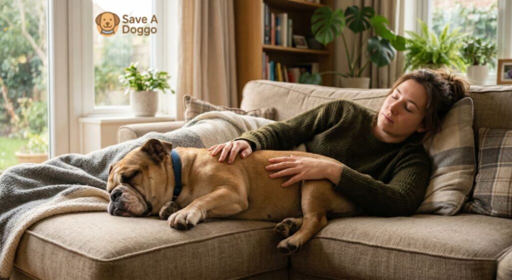 Rescue dog sleeping peacefully next to its owner showing emotional recovery and trust