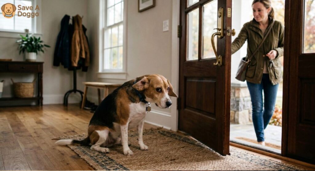 Rescue dog looking anxious near the front door as owner prepares to leave the house