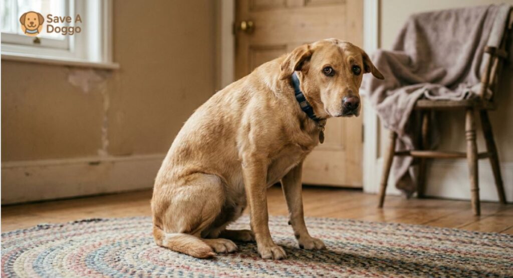 Rescue dog showing subtle signs of stress with tense posture and worried expression indoors