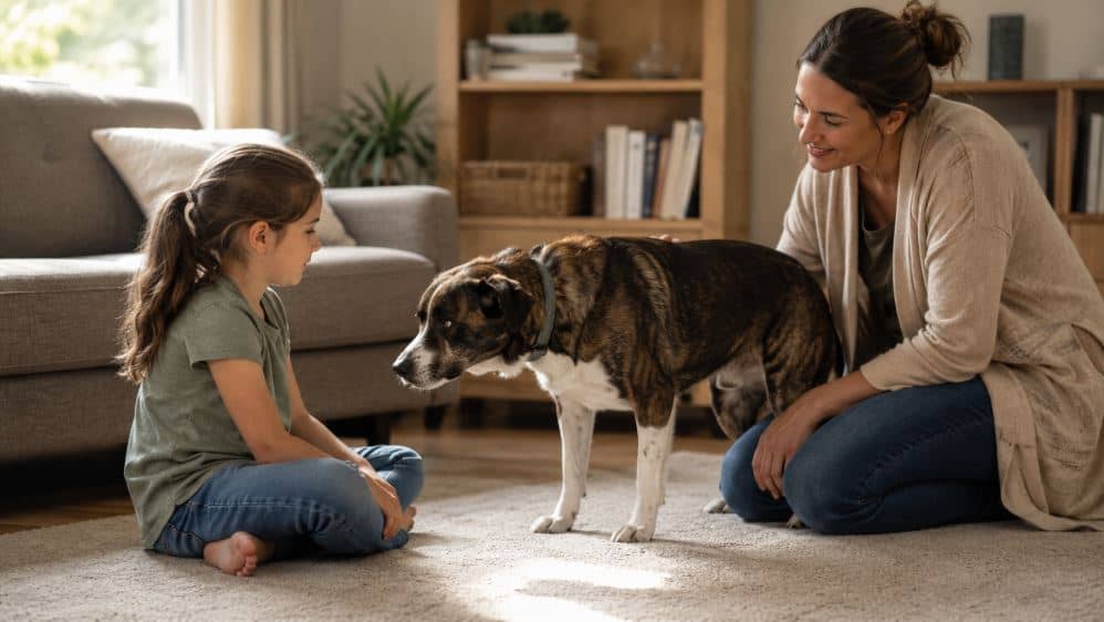 child calmly meeting a rescue dog under parent supervision