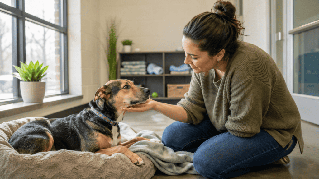 First-time adopter meeting a calm rescue dog in a shelter room