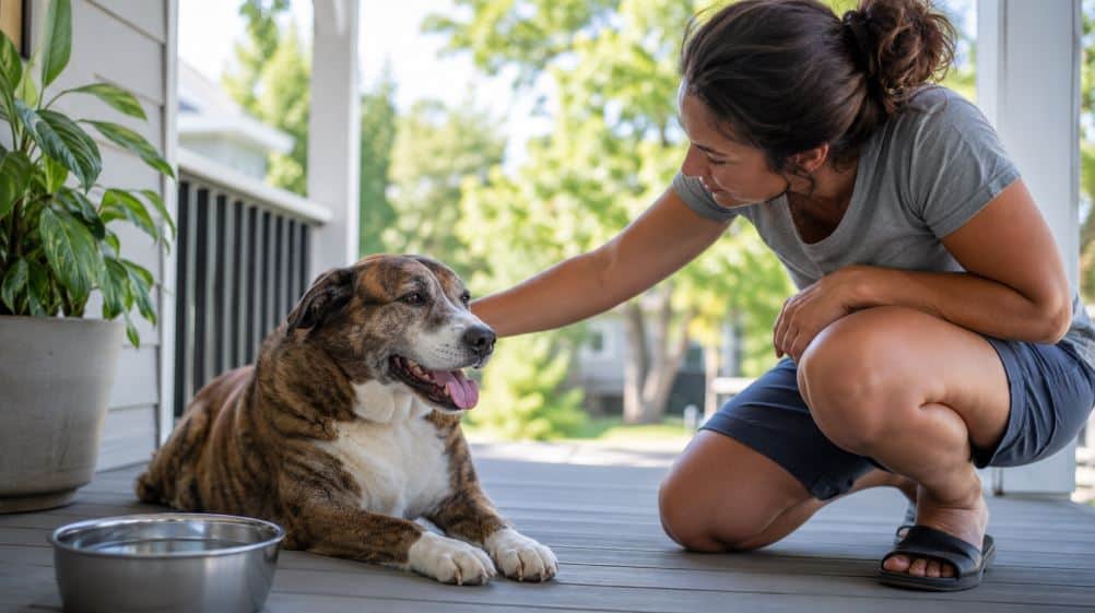 guardian cooling an overheated rescue dog with water in the shade while arranging veterinary care
