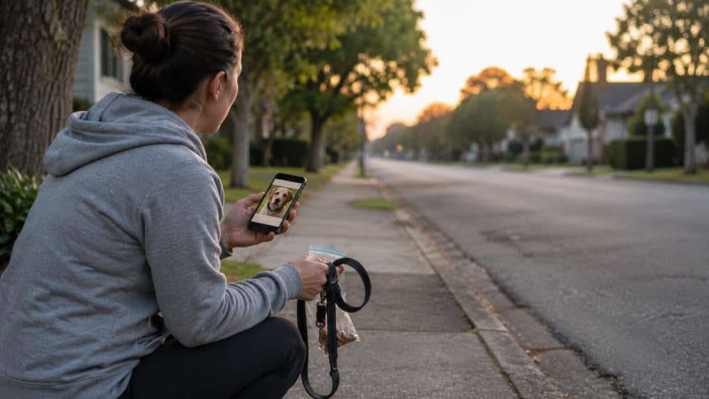 guardian quietly searching with a recent photo after a newly adopted rescue dog goes missing