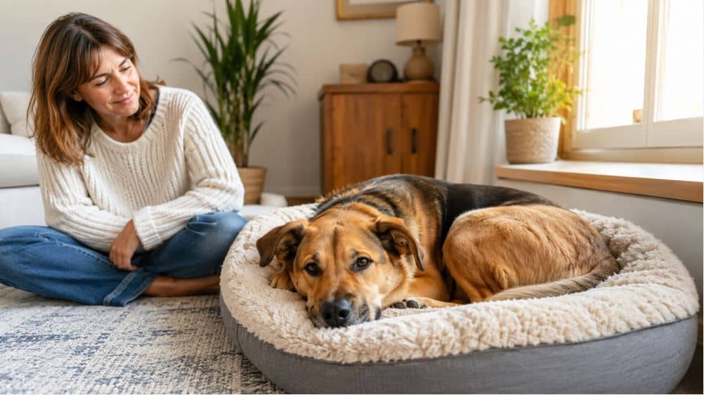 newly adopted rescue dog resting quietly during the first day at home