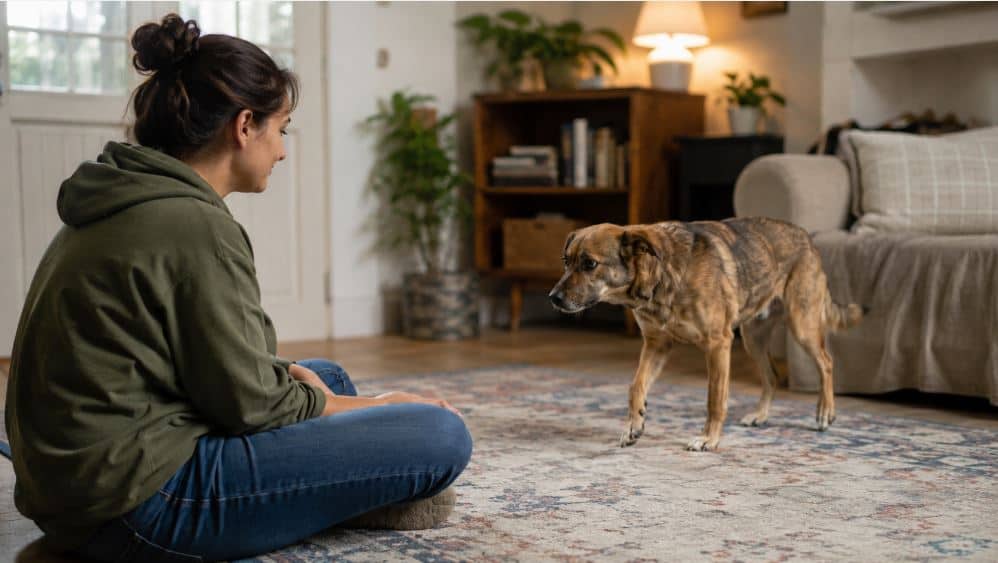 owner patiently building trust with a rescue dog at home