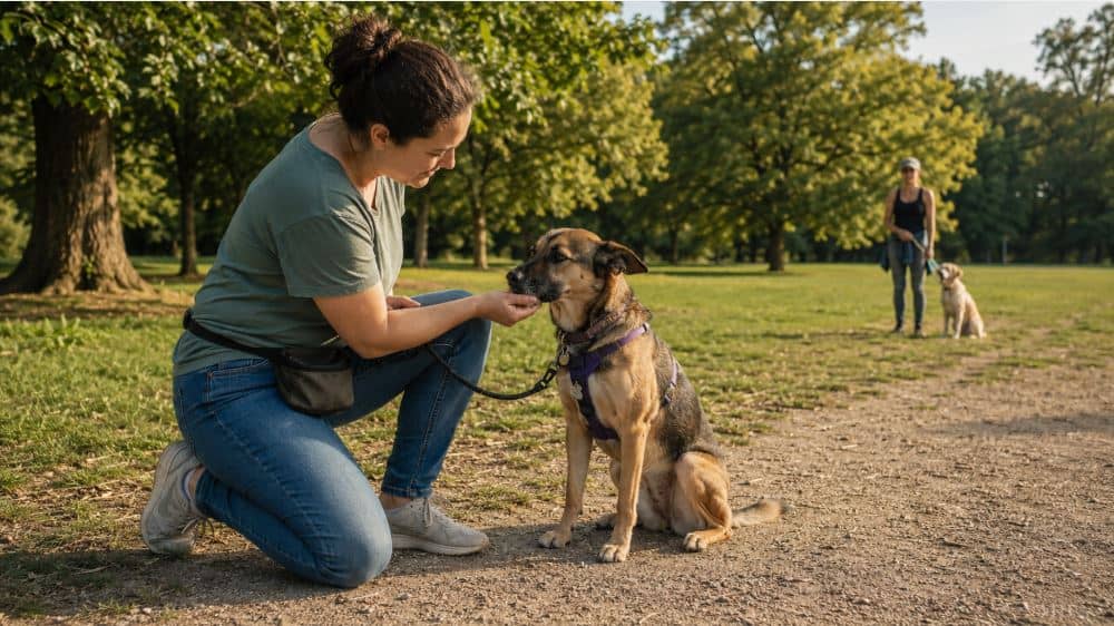 owner training a leash reactive rescue dog at a safe distance