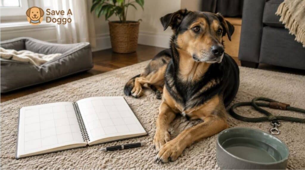 printable 30 day rescue dog progress tracker beside a pen and a relaxed adopted dog