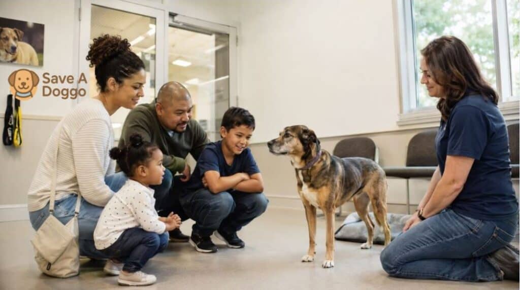 prospective adopter discussing a rescue dog’s behavior and care needs with shelter staff