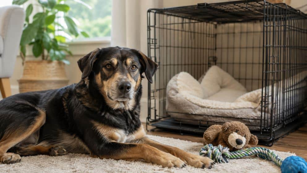 rescue dog calmly resting beside an open crate during positive crate training
