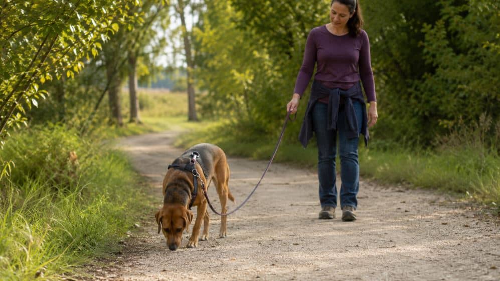 rescue dog enjoying a slow decompression walk on a quiet path
