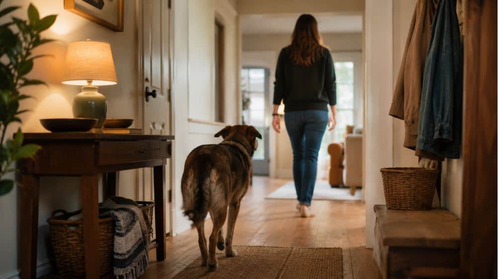 rescue dog following owner around the home