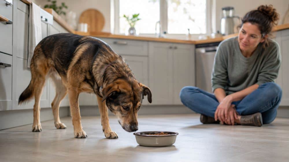 rescue dog hesitating near a food bowl during the first days at home