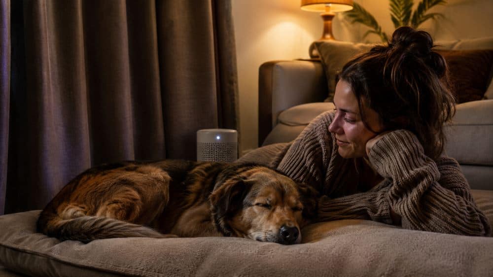 rescue dog resting with a guardian in a quiet, prepared safe room during fireworks