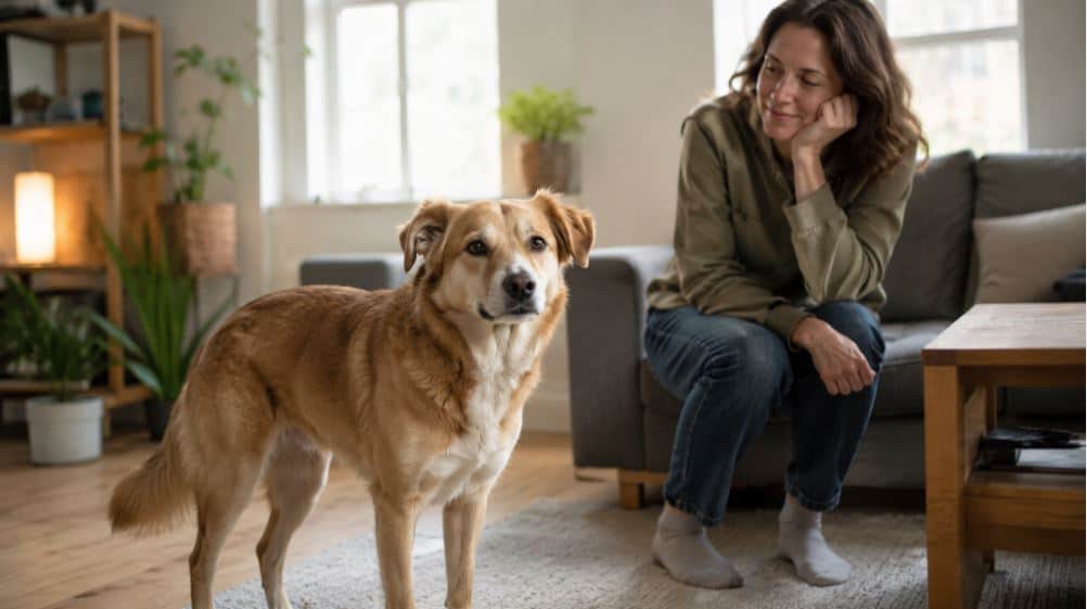 rescue dog showing relaxed body language at home