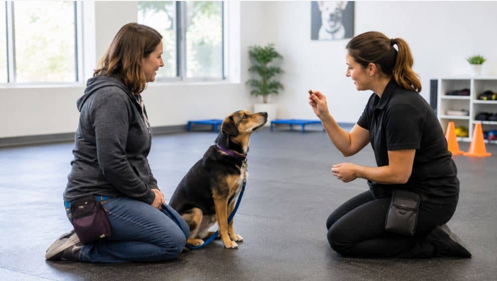 trainer helping an owner work with a rescue dog using positive reinforcement