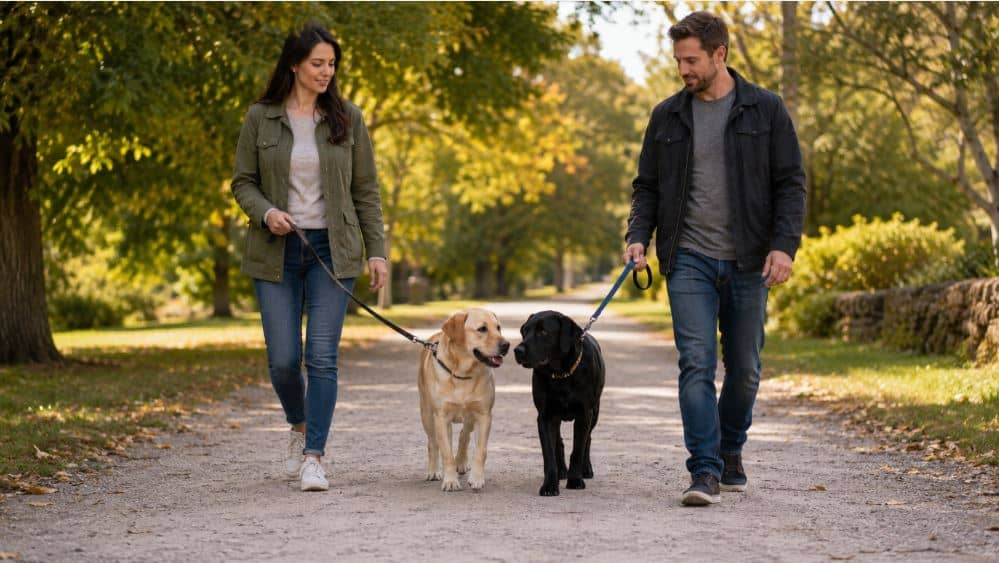two dogs being introduced with a calm parallel walk