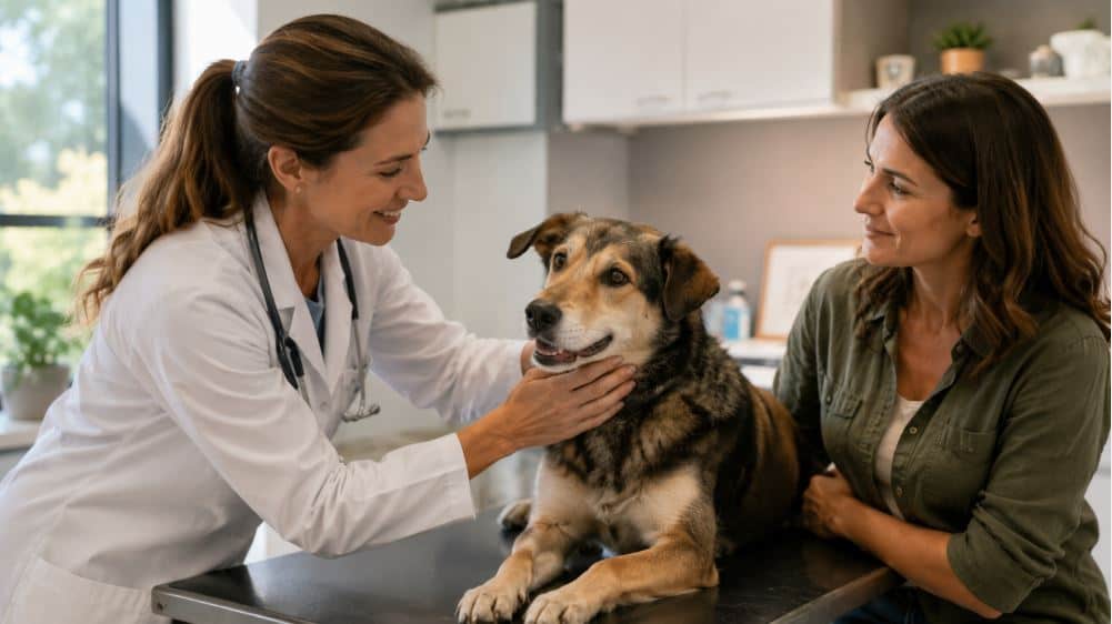 veterinarian examining a newly adopted rescue dog at the first vet visit