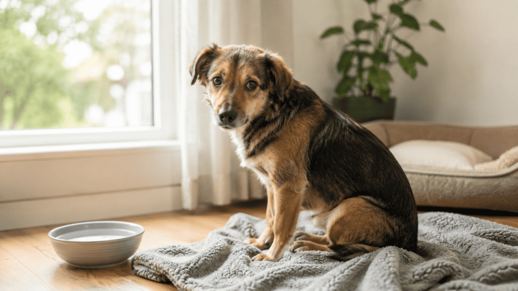 An anxious rescue dog sitting safely on a soft blanket inside a quiet home