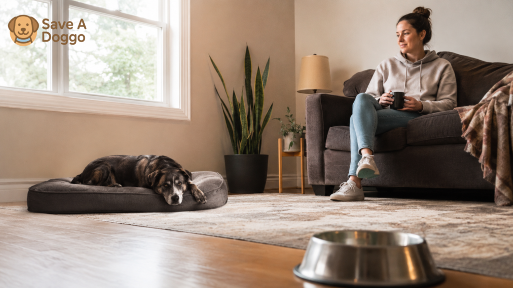 a rescue dog eating calmly in a quiet separate area while its owner keeps a respectful distance.