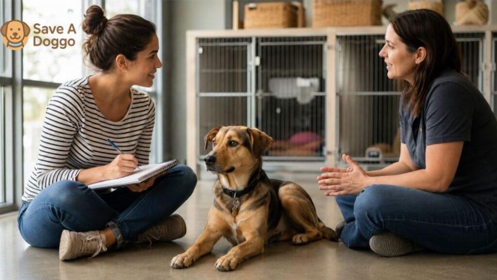 prospective adopter reviewing a printed question list with shelter staff before meeting a rescue dog