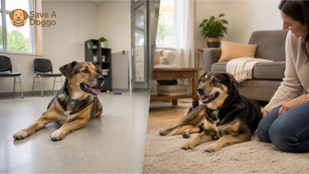 prospective adopters meeting rescue dogs in a shelter and a foster home setting