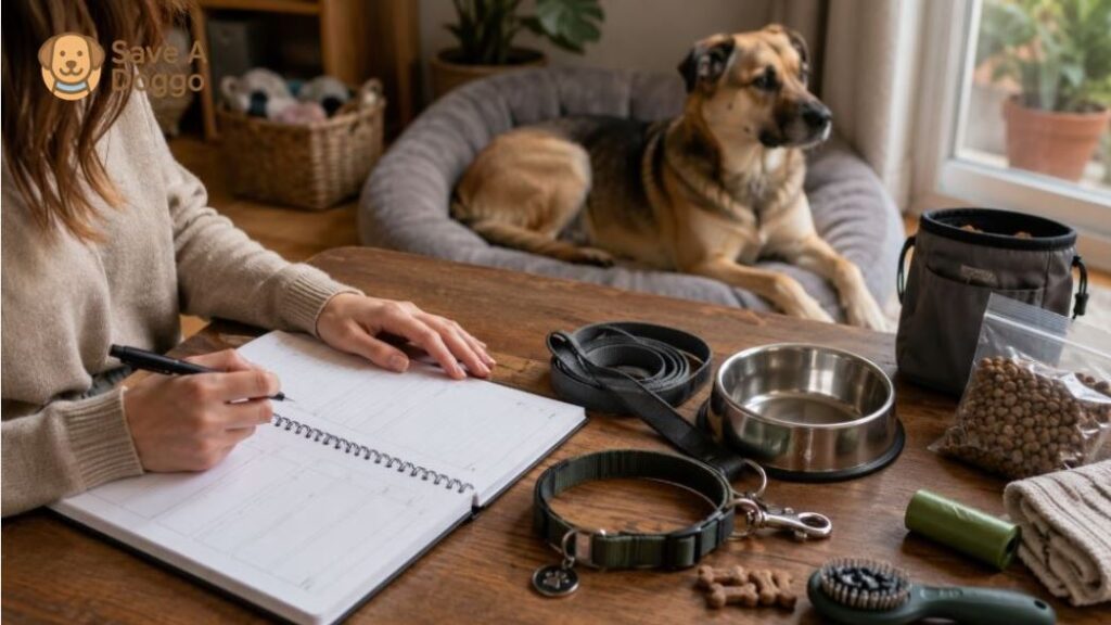 prospective rescue dog adopter reviewing a first year expense worksheet with food, leash, and veterinary records